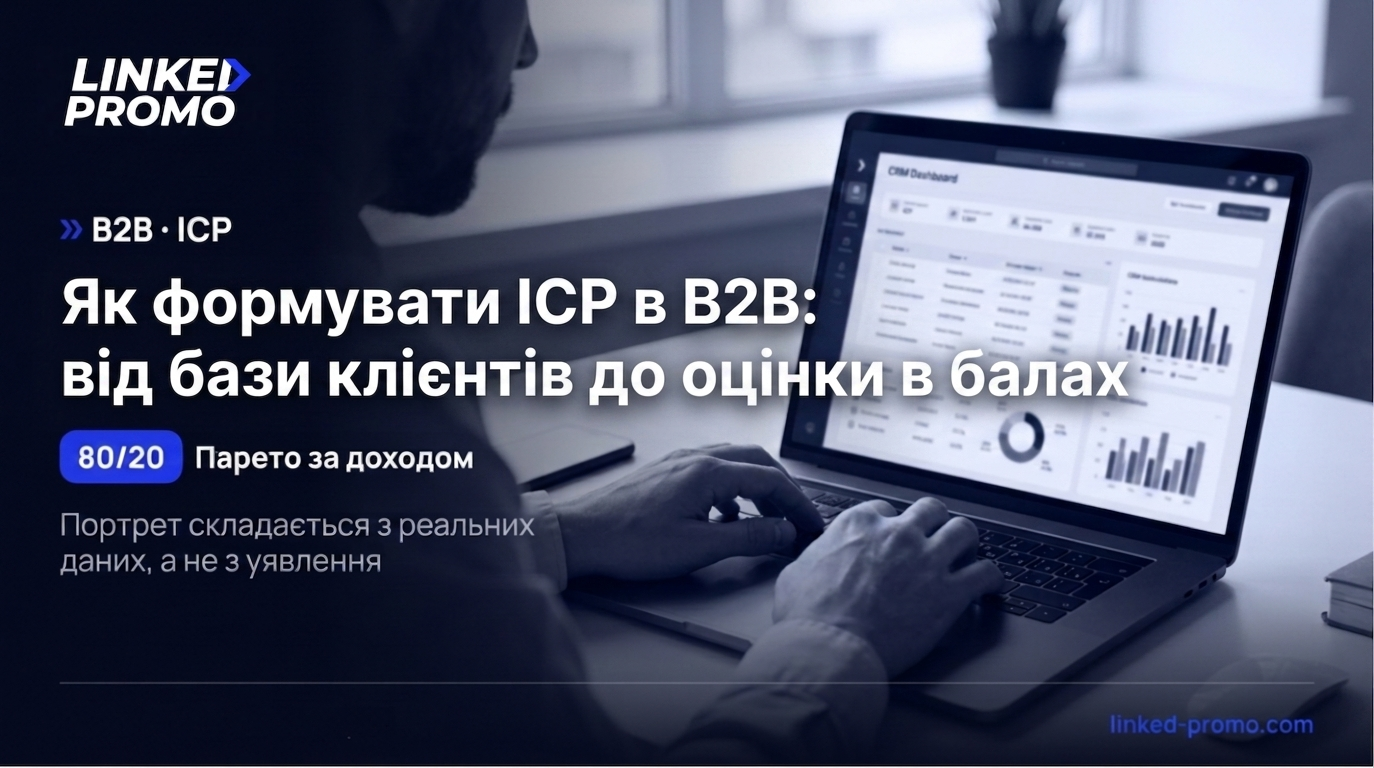 Обкладинка статті: людина за ноутбуком з відкритим CRM-дашбордом, заголовок «Як формувати ICP в B2B: від бази клієнтів до оцінки в балах» і позначка 80/20 Парето за доходом